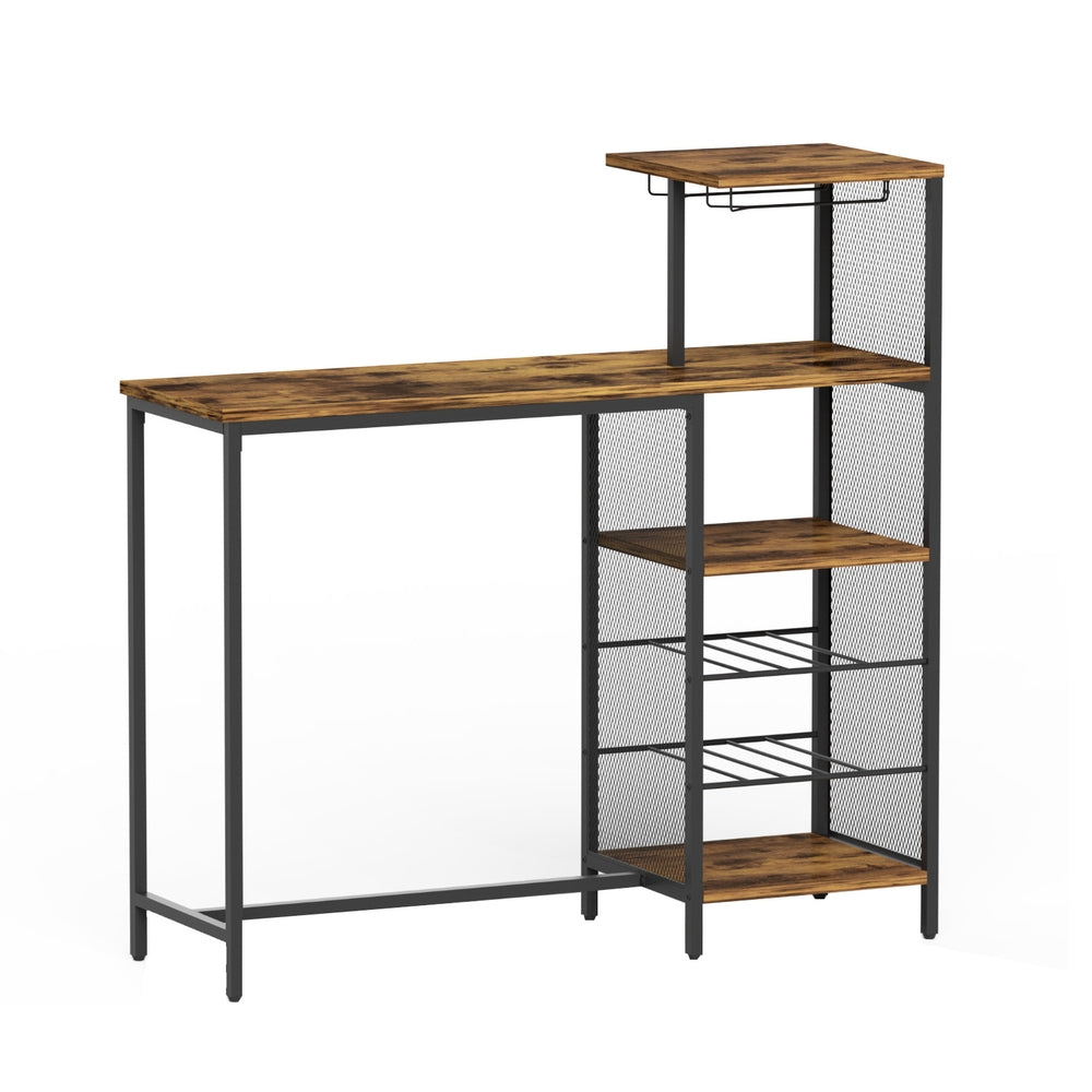 Dining Tables: Artiss Industrial Bar Table with Wine Rack Cup Holder Multi-Level Storage 122cm Walnut