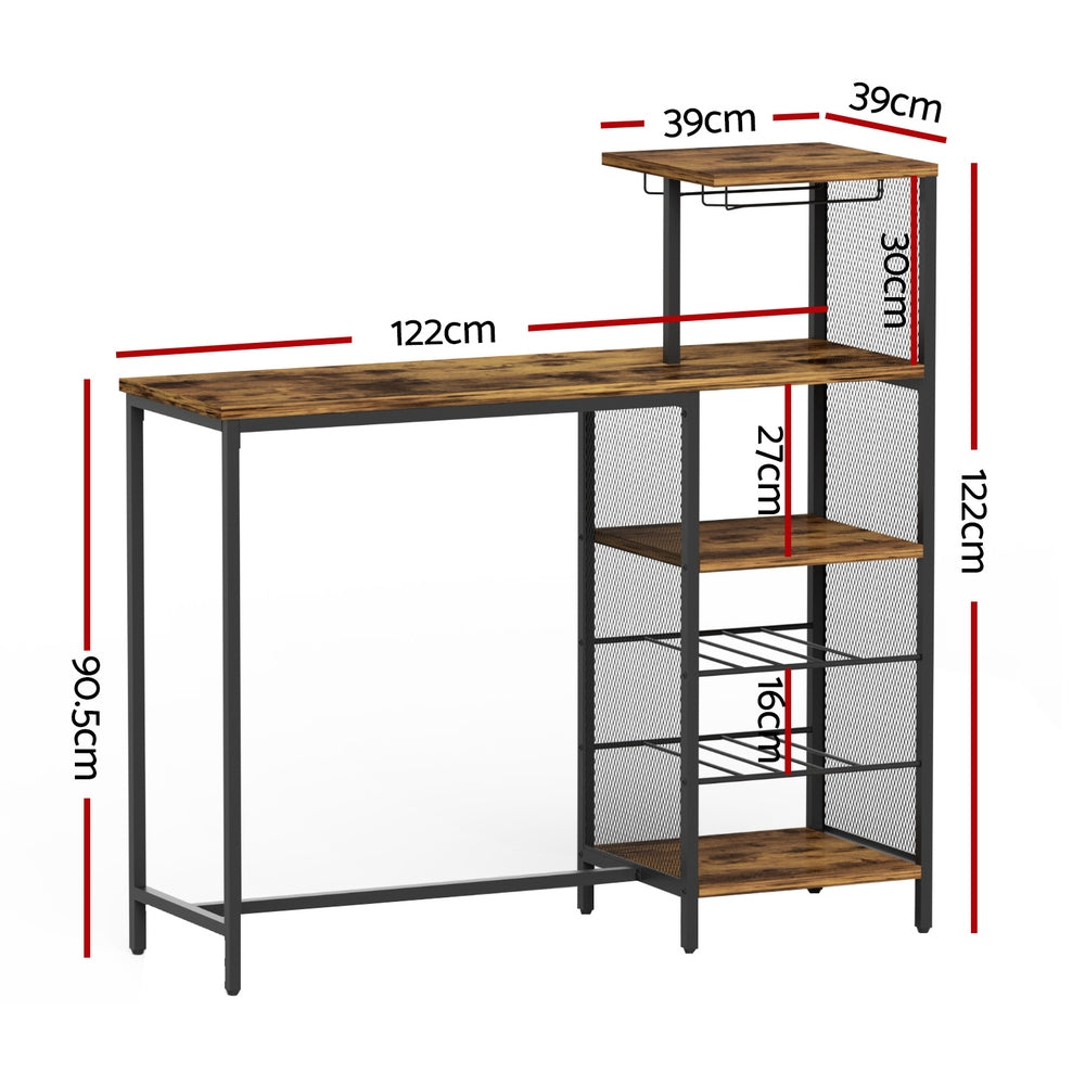Dining Tables: Artiss Industrial Bar Table with Wine Rack Cup Holder Multi-Level Storage 122cm Walnut