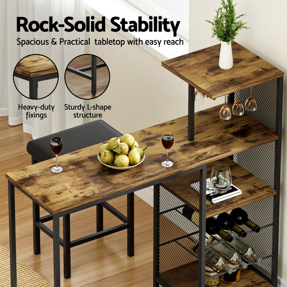 Dining Tables: Artiss Industrial Bar Table with Wine Rack Cup Holder Multi-Level Storage 122cm Walnut