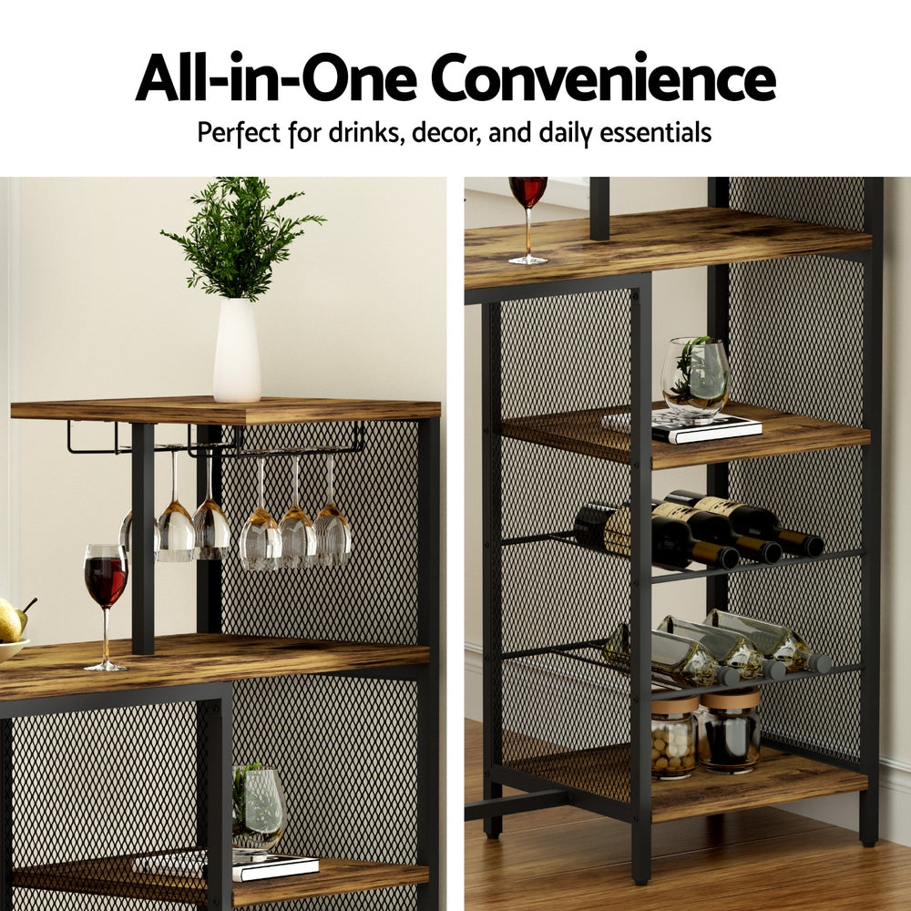Dining Tables: Artiss Industrial Bar Table with Wine Rack Cup Holder Multi-Level Storage 122cm Walnut