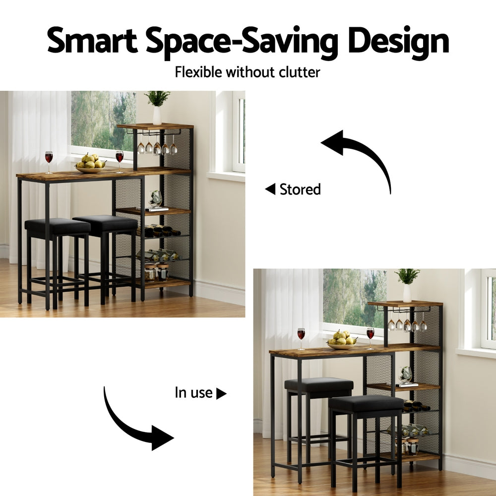 Dining Tables: Artiss Industrial Bar Table with Wine Rack Cup Holder Multi-Level Storage 122cm Walnut