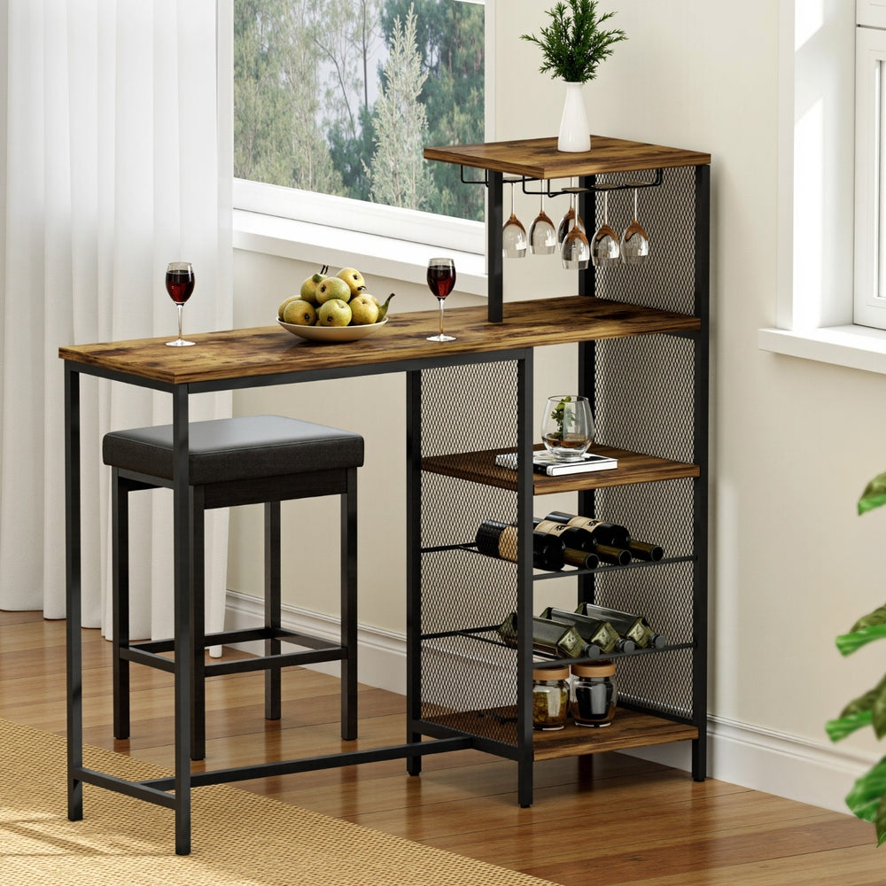 Dining Tables: Artiss Industrial Bar Table with Wine Rack Cup Holder Multi-Level Storage 122cm Walnut