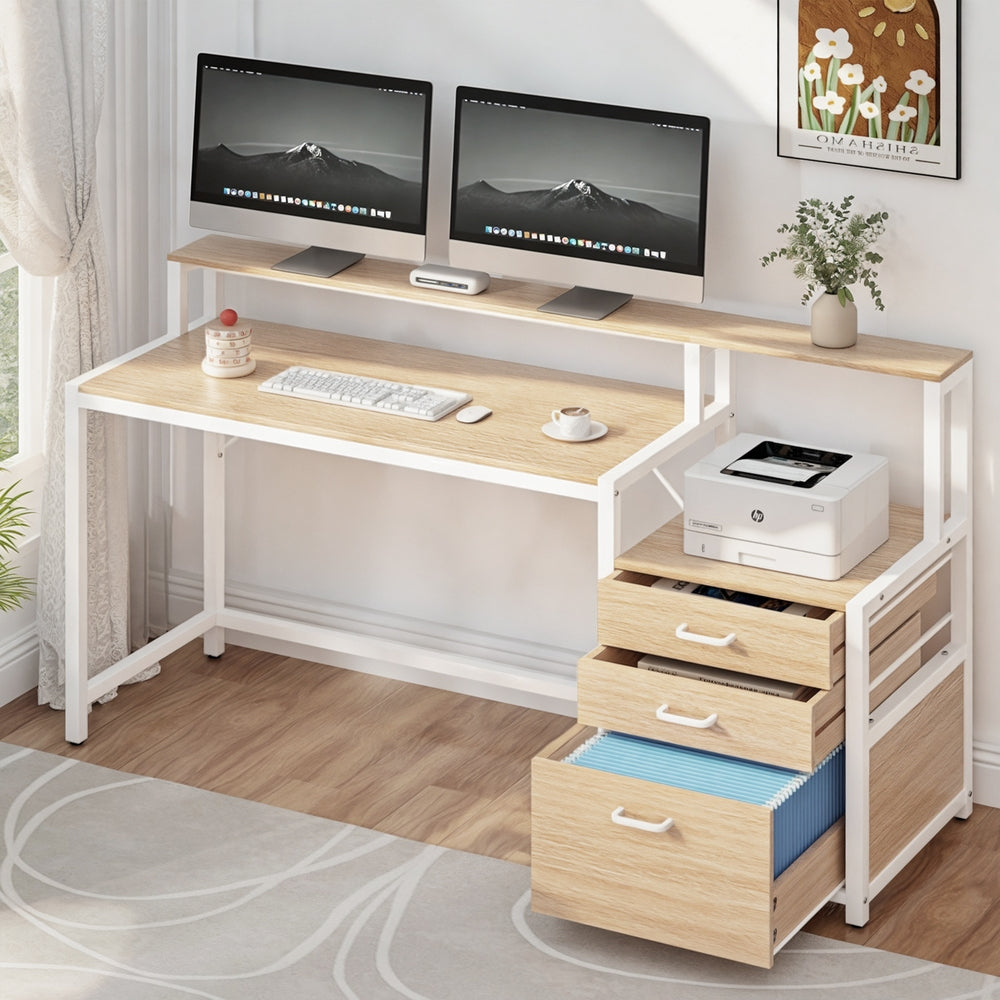 Desks: Artiss Computer Desk Home Office Study Table Desks w/Drawers Open Shelf Oak 160CM