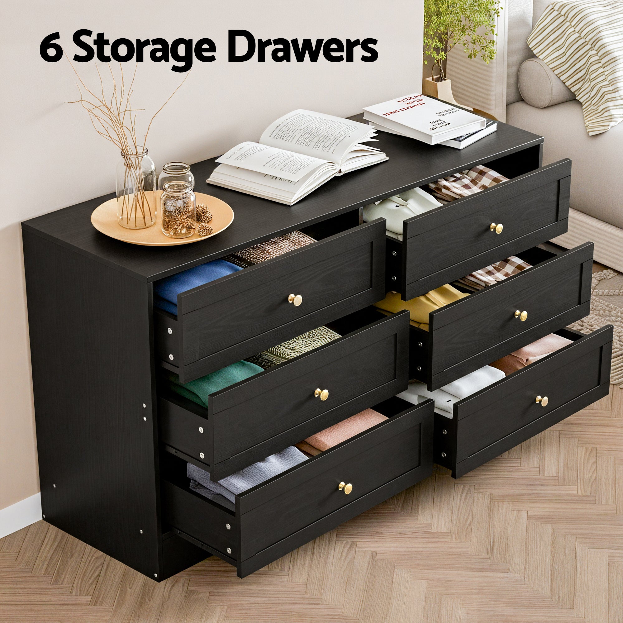 Dressers: Artiss 6 Chest of Drawers Tallboy Cabinet - LEIF Black