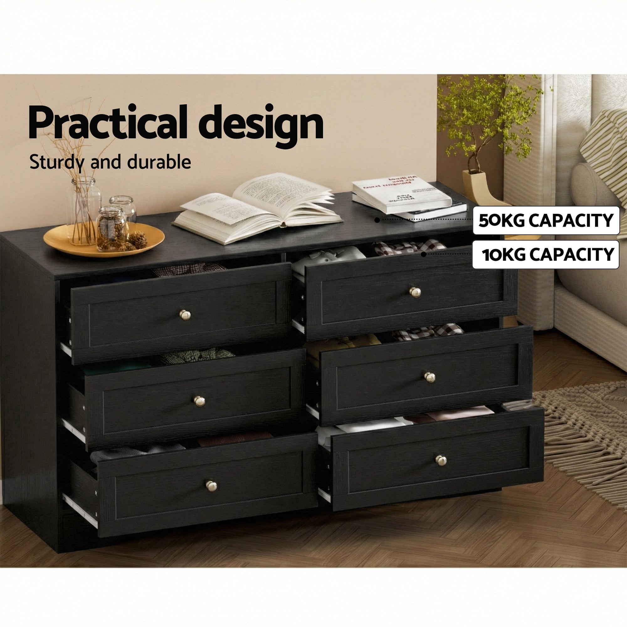 Dressers: Artiss 6 Chest of Drawers Tallboy Cabinet - LEIF Black