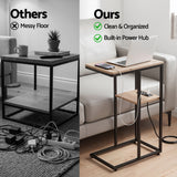 Artiss C-Shaped End Table Charging Station 2-Tier Side Coffee Table Bedside Wood