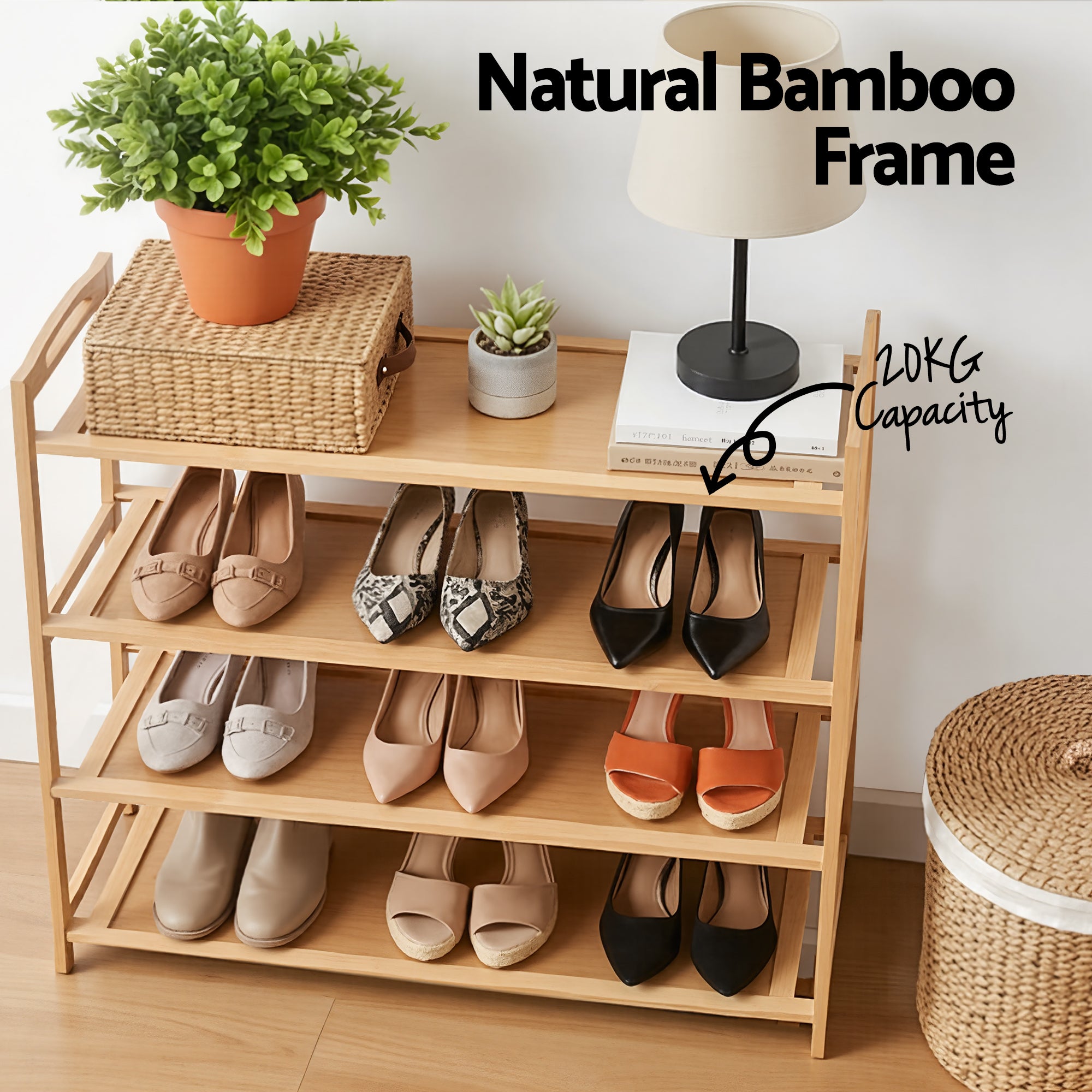 Shoe Storage: Artiss 4 Tier Shoe Rack Bamboo Storage Organiser Pine