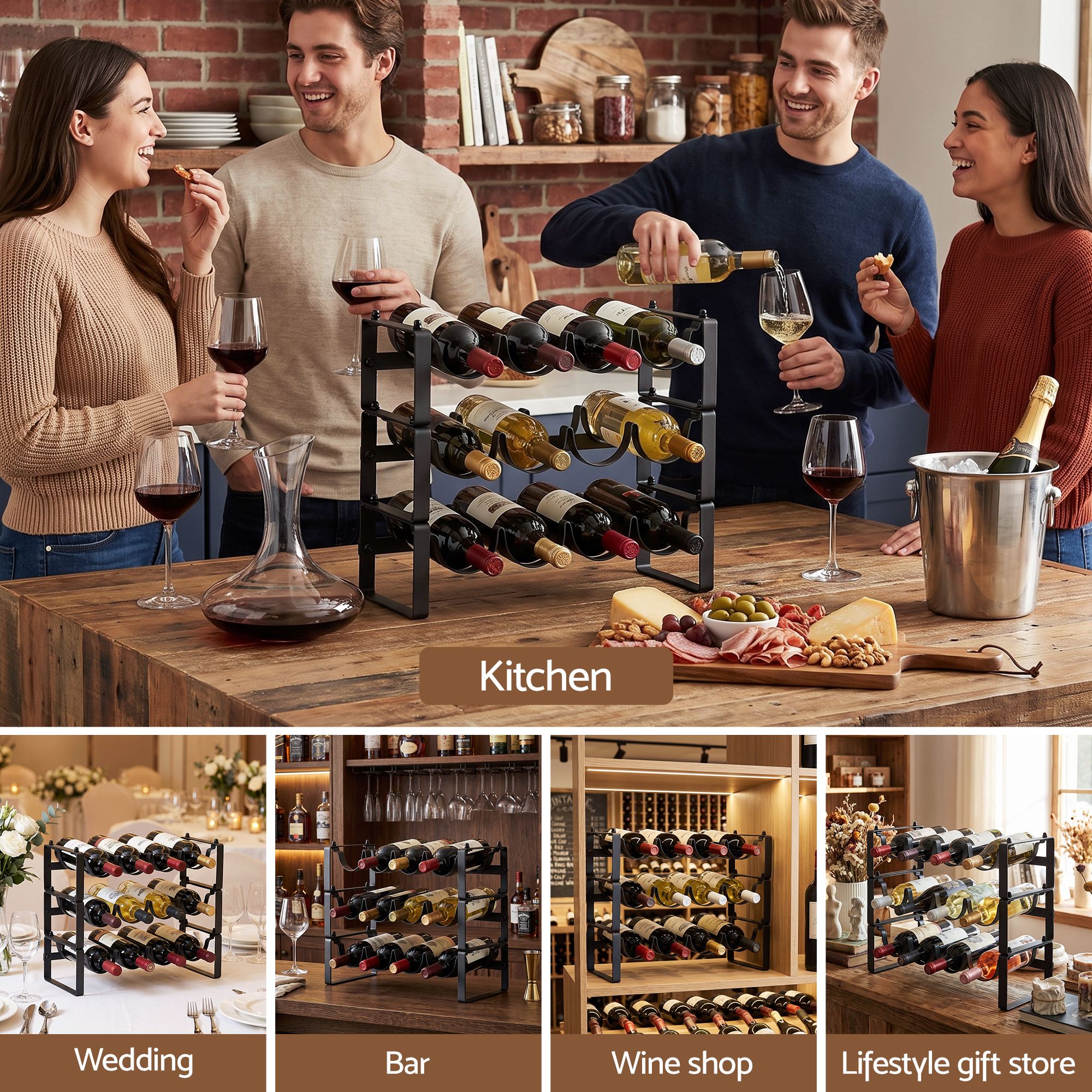 Artiss 3-Tier Wine Rack Metal Freestanding 12 Bottles Modular Countertop Wine Display Shelf Black