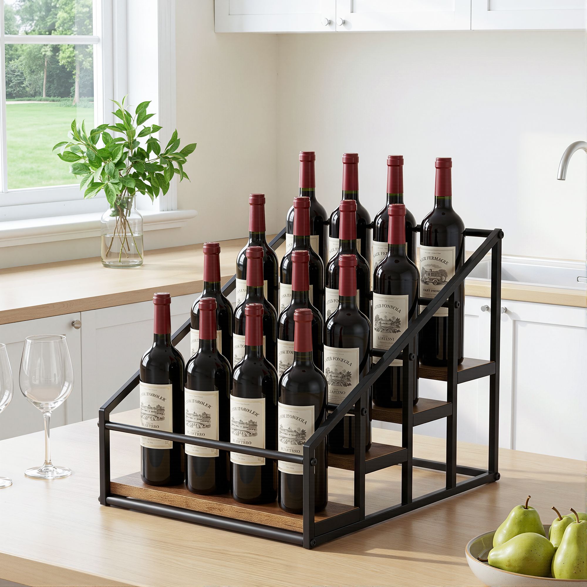 Artiss 4-Tier Wine Rack Tabletop Countertop Wine Bottle Holder 16 Bottles Freestanding Black & Wood