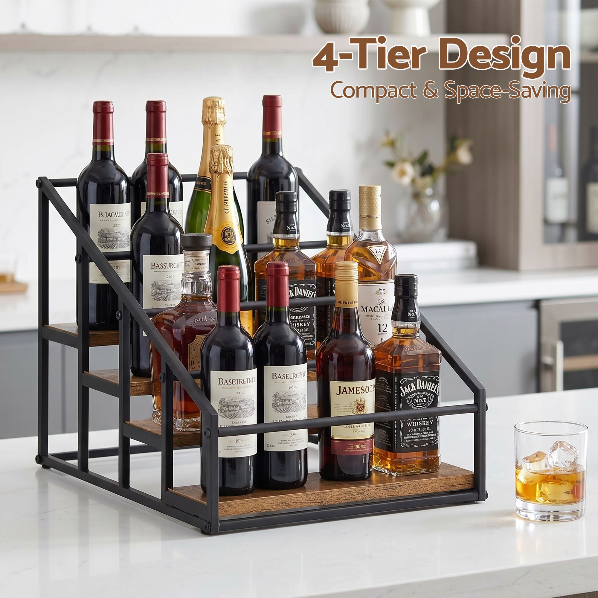Artiss 4-Tier Wine Rack Tabletop Countertop Wine Bottle Holder 16 Bottles Freestanding Black & Wood