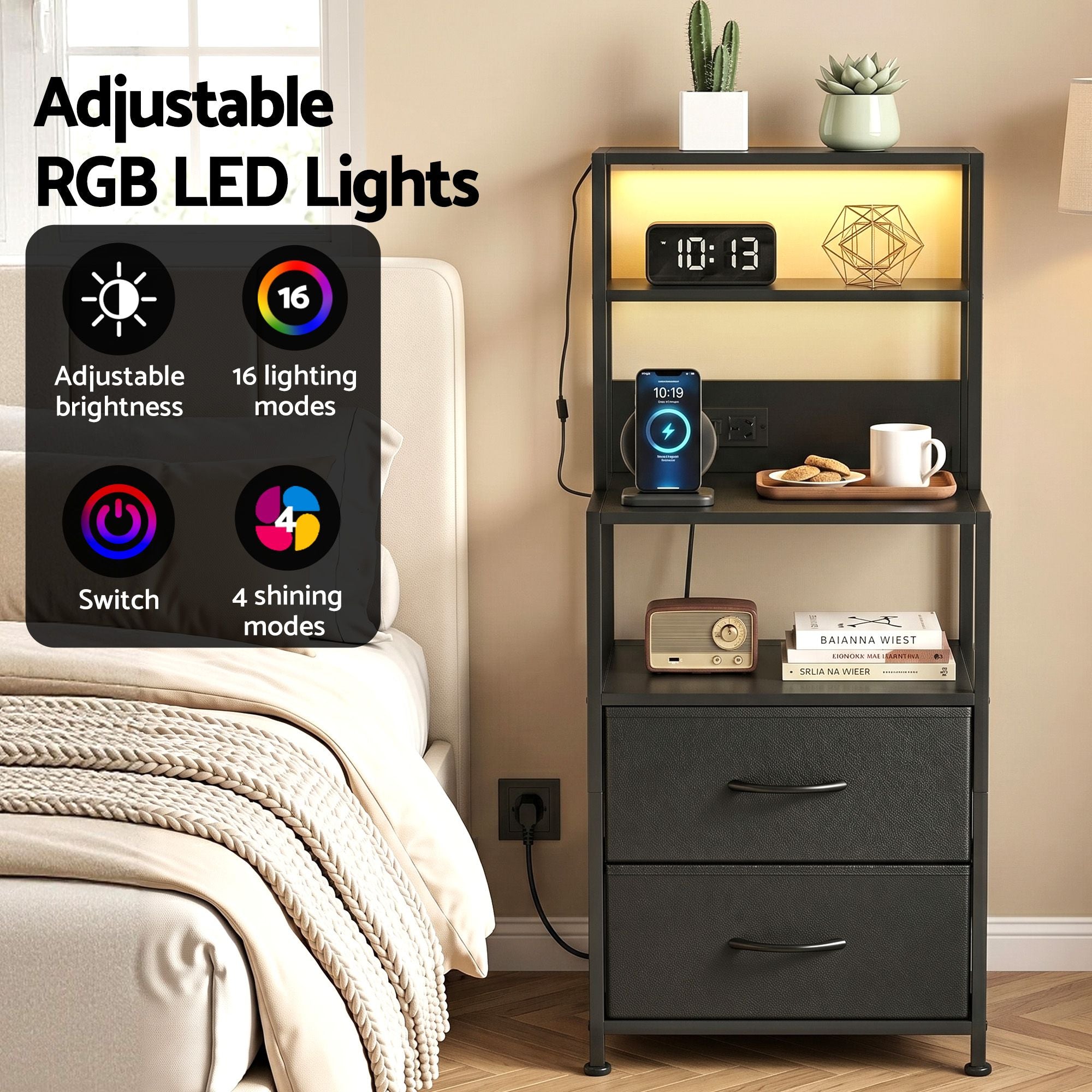 Artiss Bedside Table Tall Nightstand with Charging Station Drawers LED Black
