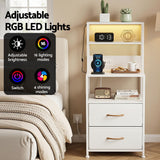 Artiss Bedside Table Tall Nightstand with Charging Station Drawers LED White
