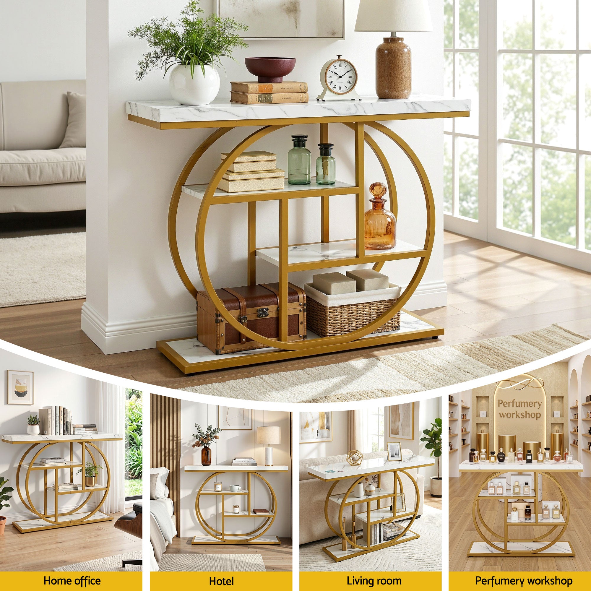 Artiss Console Table Marble Effect 4-Tier Shelves 105CM White&Gold