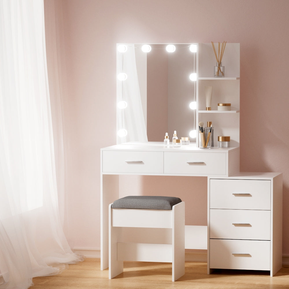 Dressing Vanity & Dressing Tables: Artiss Dressing Table Set Stool 10 LED Bulbs White Dale