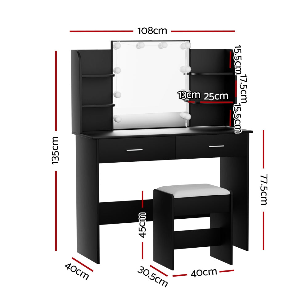 Dressing Vanity & Dressing Tables: Artiss Dressing Table Set Stool 10 Led Bulbs Black Dulcea
