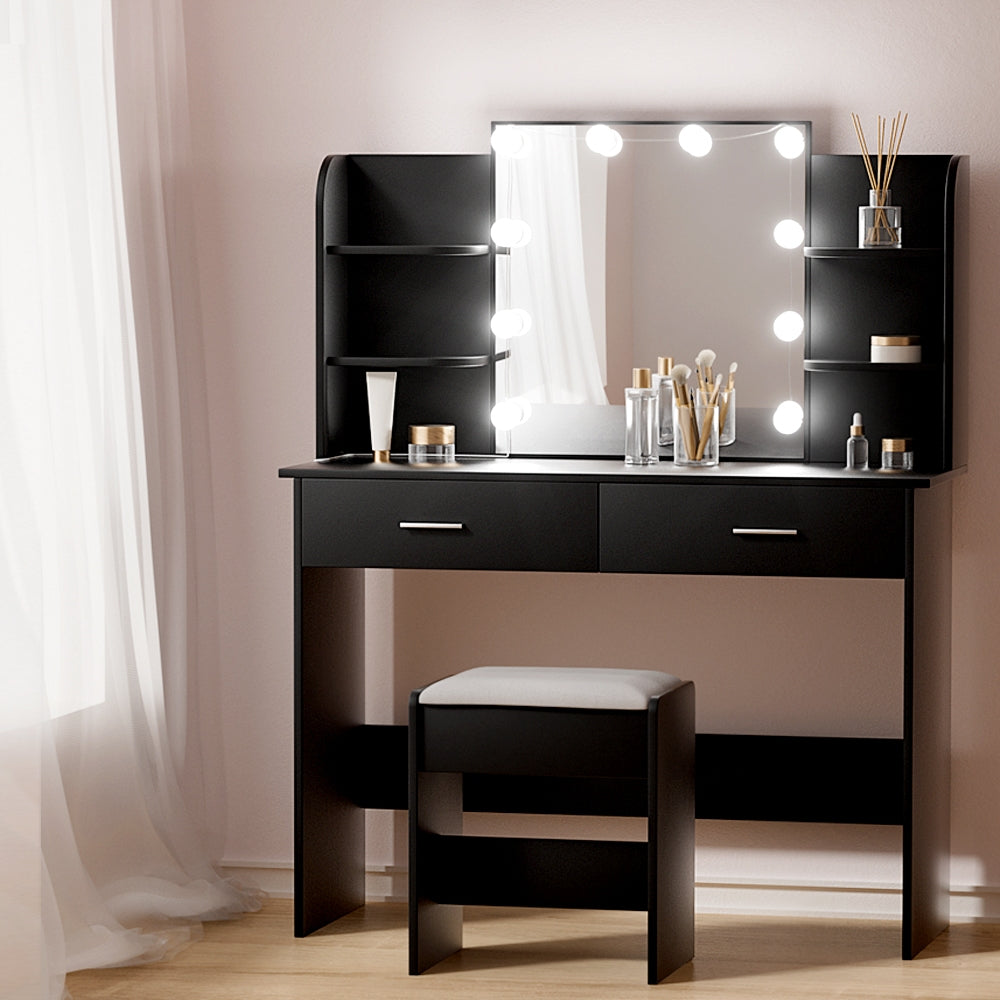 Dressing Vanity & Dressing Tables: Artiss Dressing Table Set Stool 10 Led Bulbs Black Dulcea