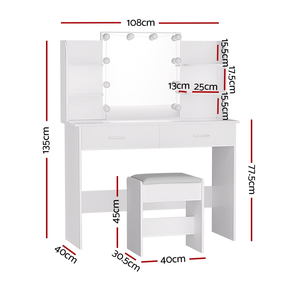 Dressing Vanity & Dressing Tables: Artiss Dressing Table Set Stool 10 Led Bulbs White Dulcea