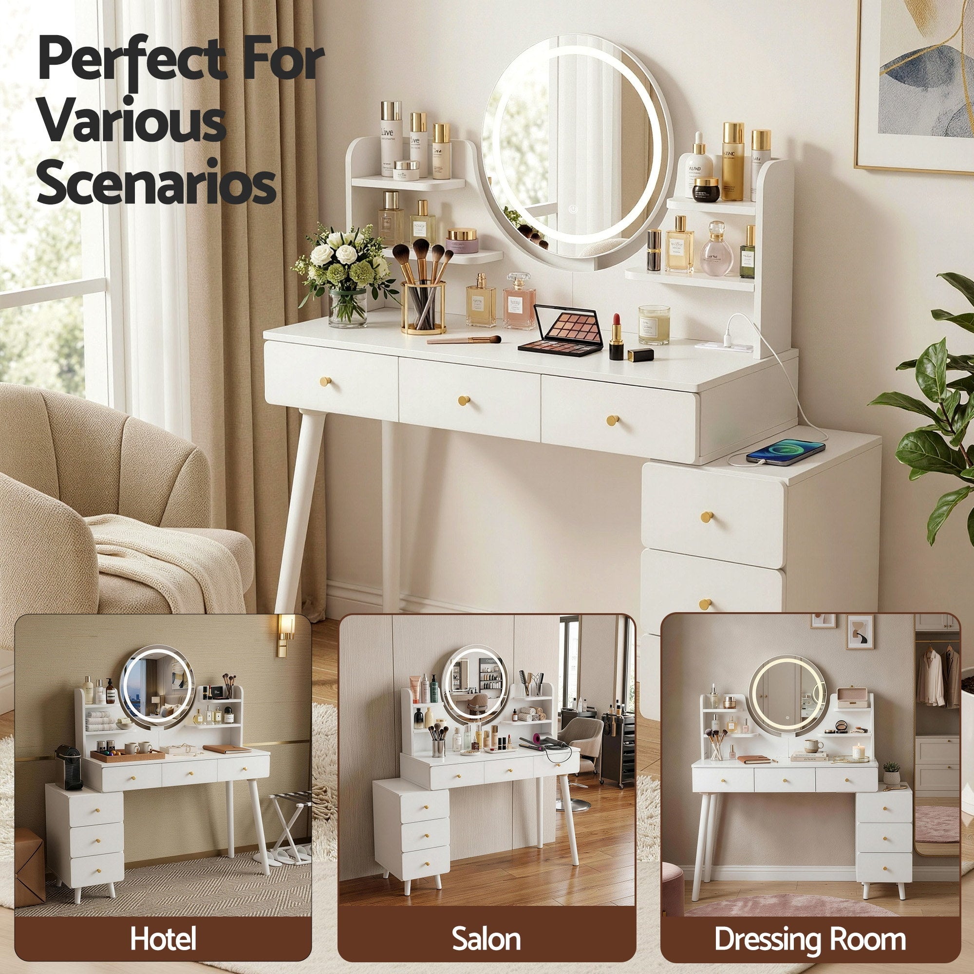 Artiss Dressing Table Vanity Desk LED Charging Station White