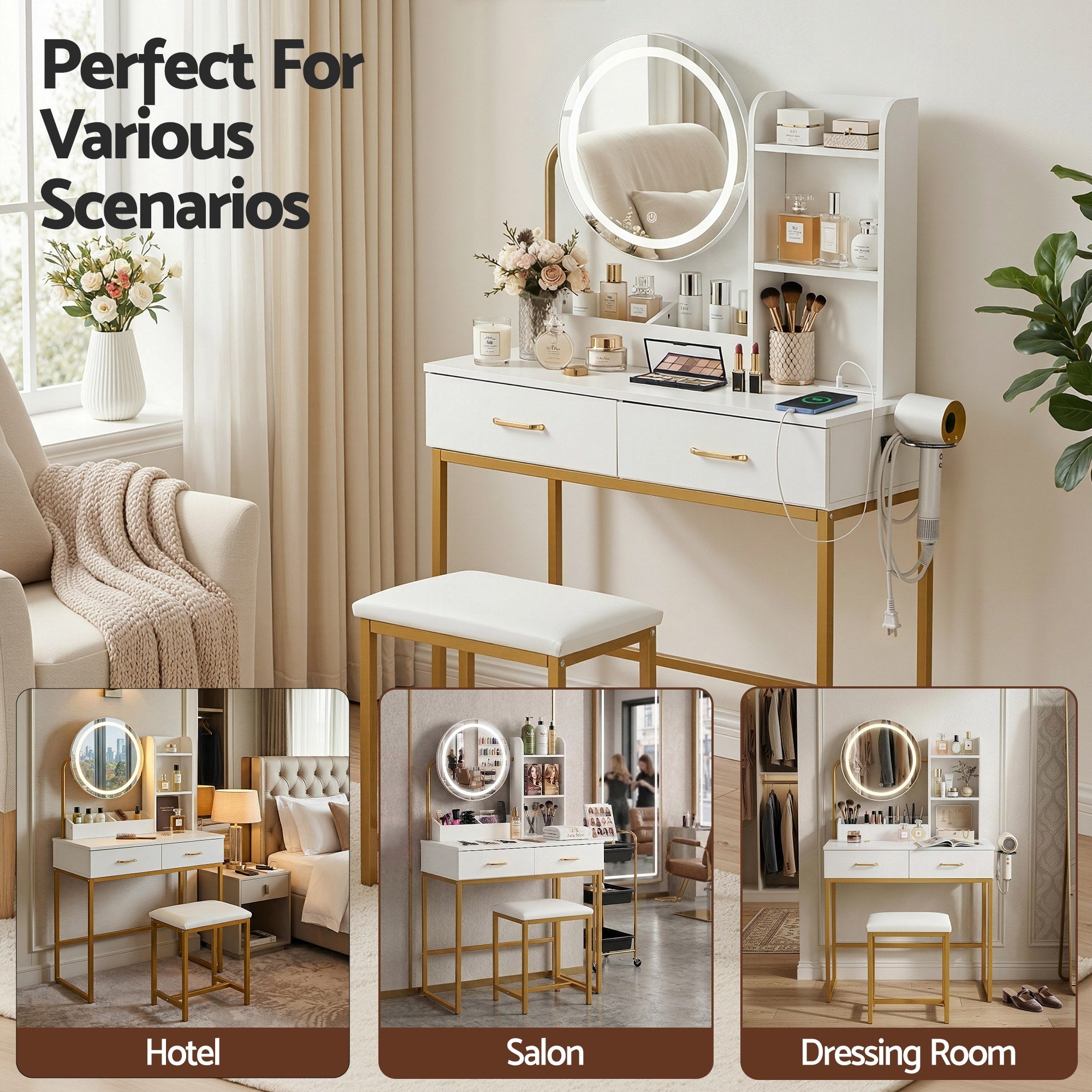 Artiss Dressing Table Vanity Desk Set Stool LED Charging Station White