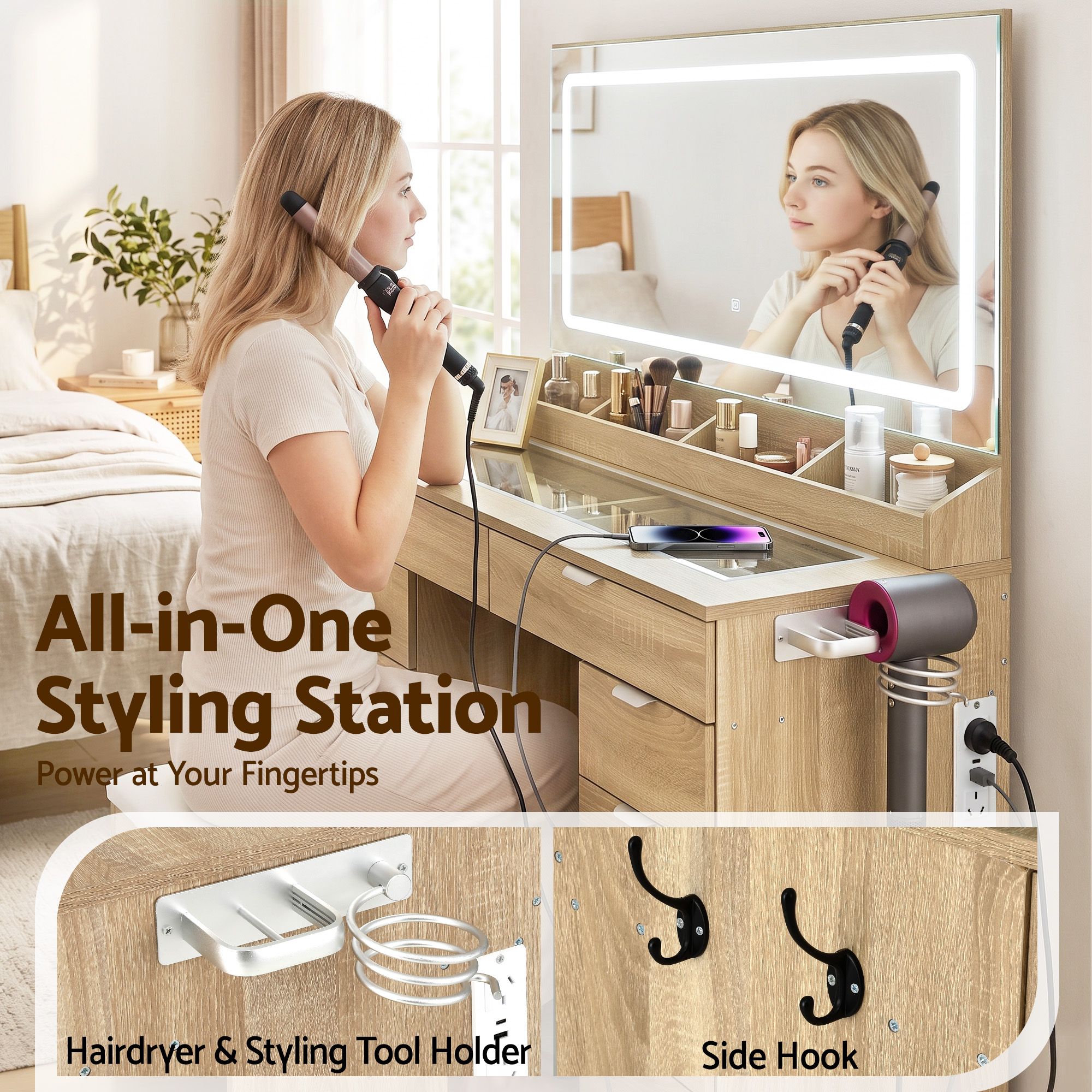Artiss Dressing Table Makeup Vanity Desk Large LED Mirror 10 Drawers Power Outlet Hair Dryer Holder Hook Wood