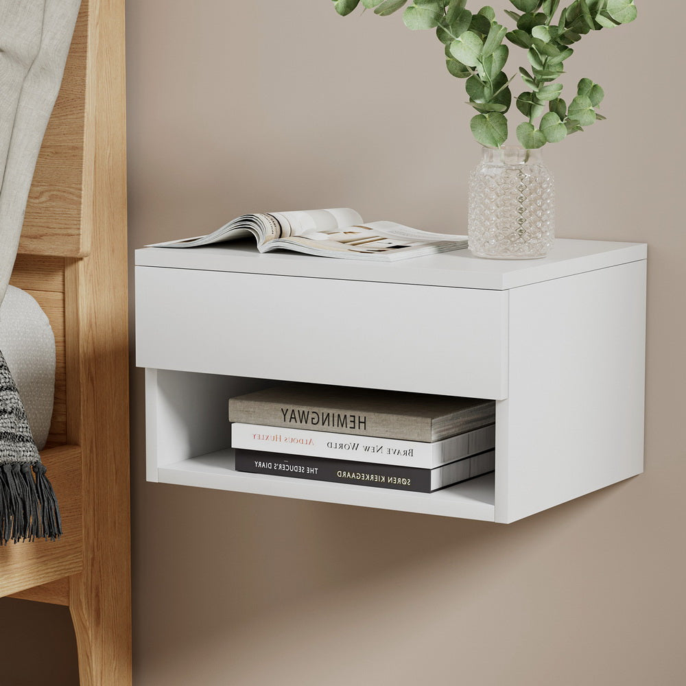 Bedside Tables: Artiss Floating Bedside Table Nightstand Drawer White