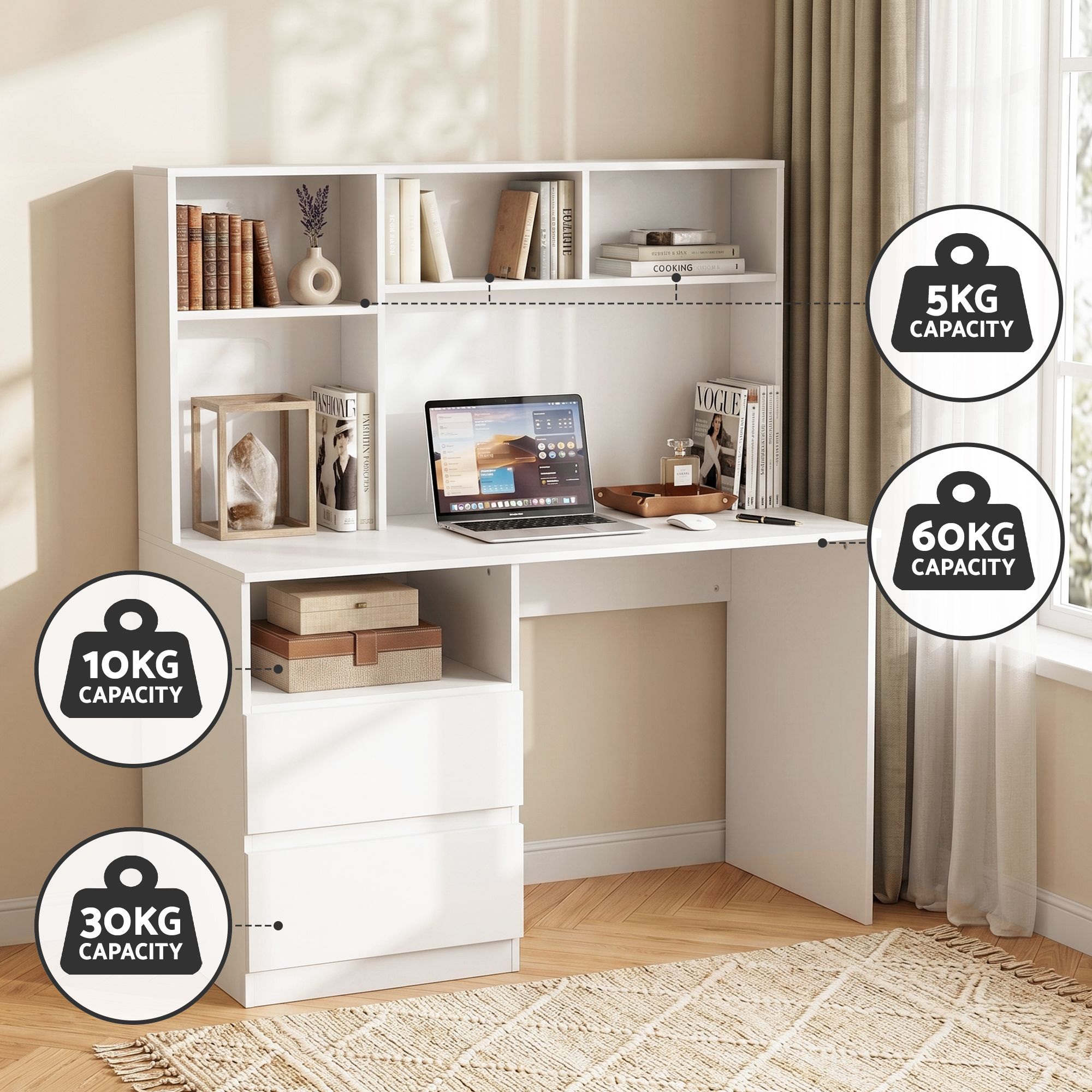 Artiss Computer Desk Office Study Desks Table Bookshelf Drawer White 120cm