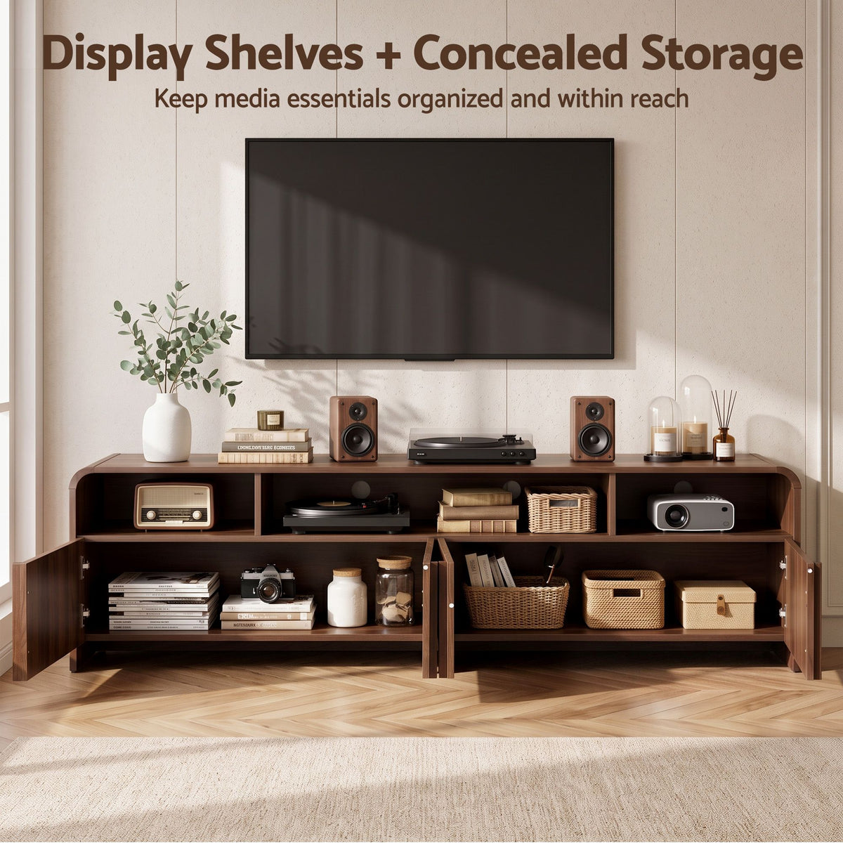 Artiss 180cm TV Unit Storage Cabinet Shelf Fluted Front Rounded Edge Anti-tip Kit Walnut