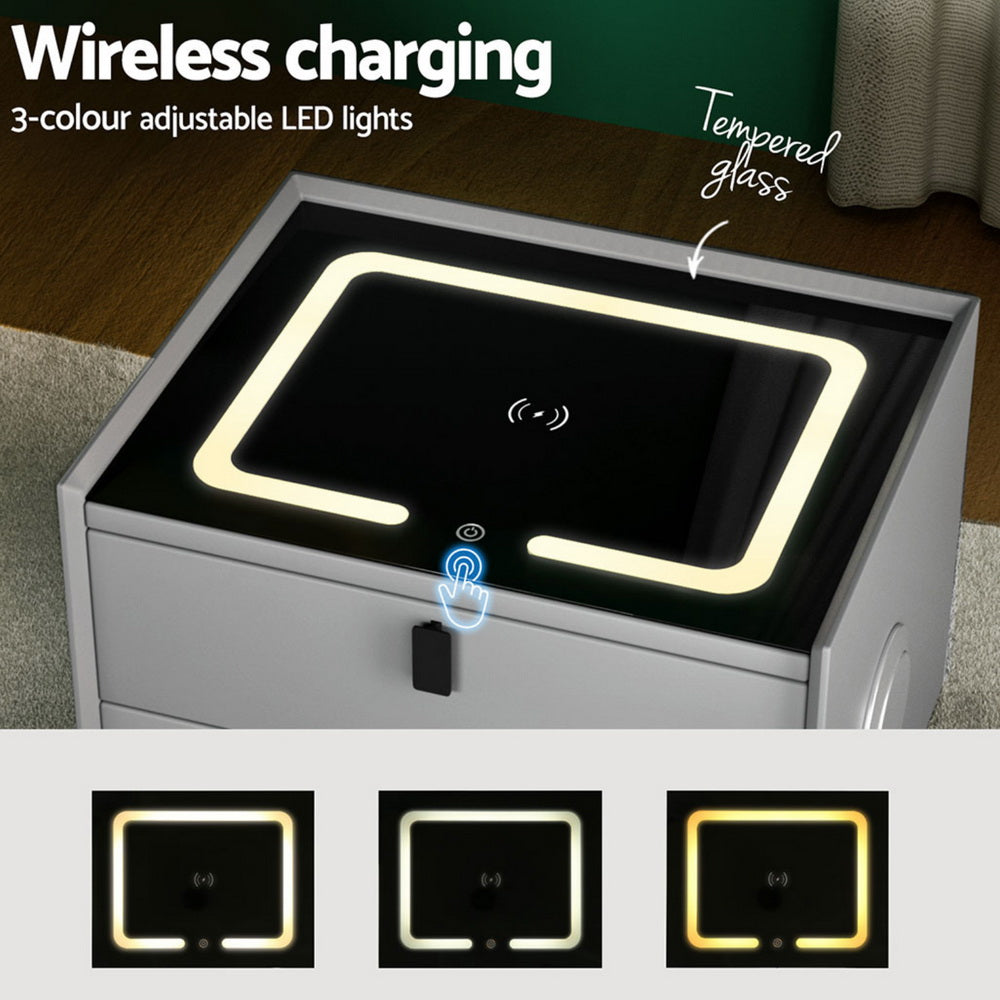 Bedside Tables: Artiss Smart Bedside Table with Wireless Charging - AIKA Grey