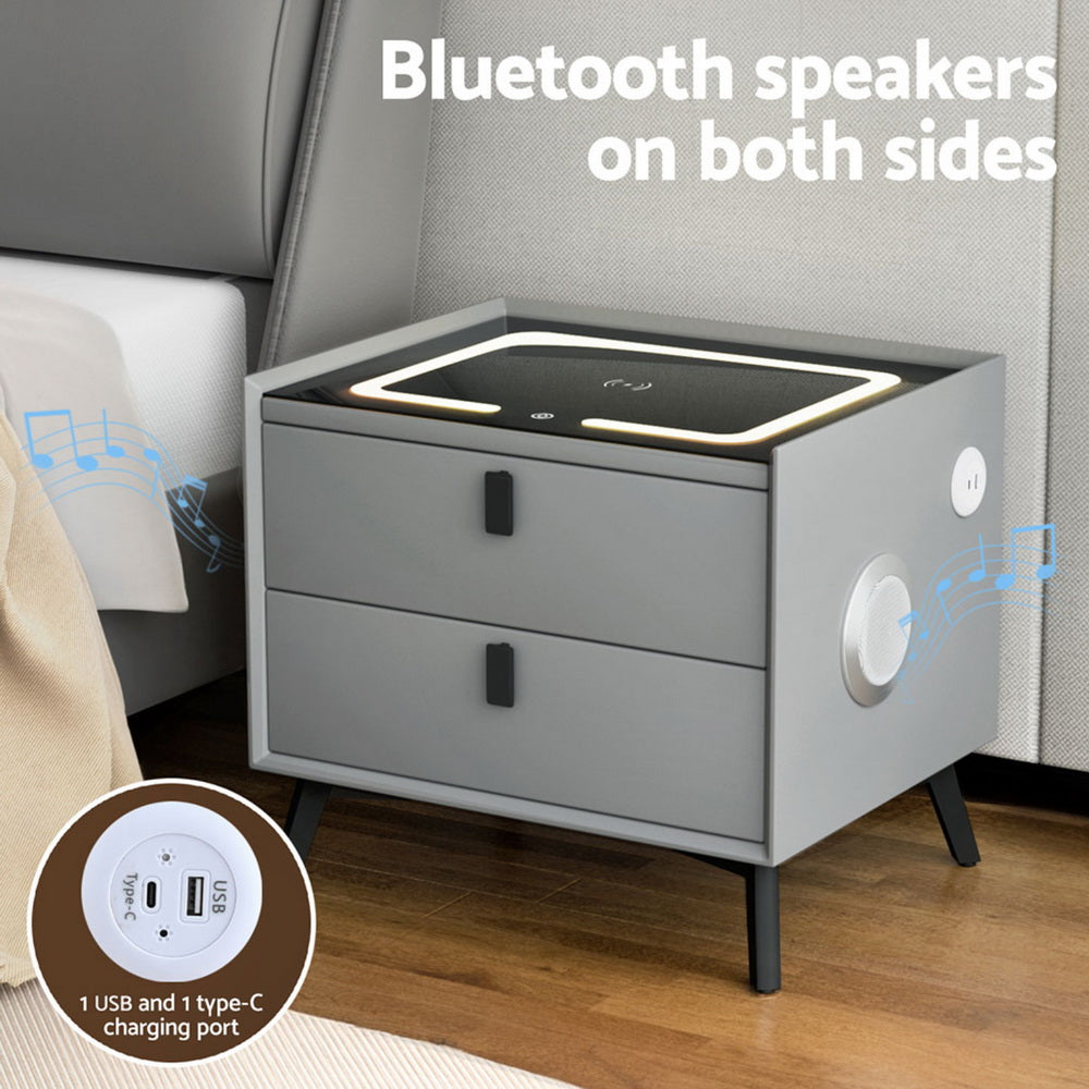Bedside Tables: Artiss Smart Bedside Table with Wireless Charging - AIKA Grey