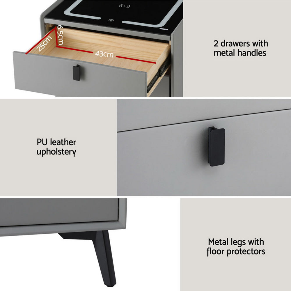 Bedside Tables: Artiss Smart Bedside Table with Wireless Charging - AIKA Grey