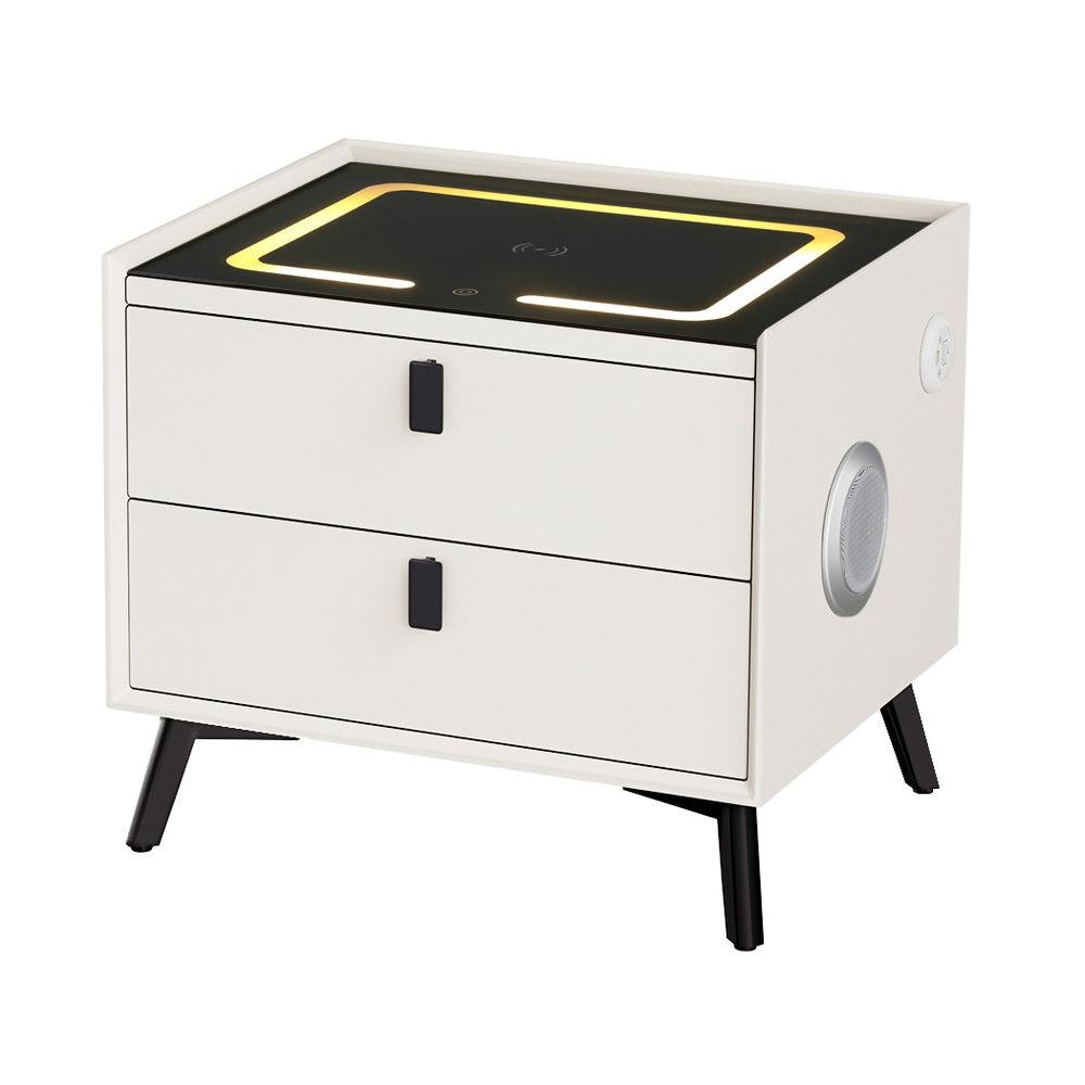 Bedside Tables: Artiss Smart Bedside Table 2 Drawers with Wireless Charging Ports LED White AIKA