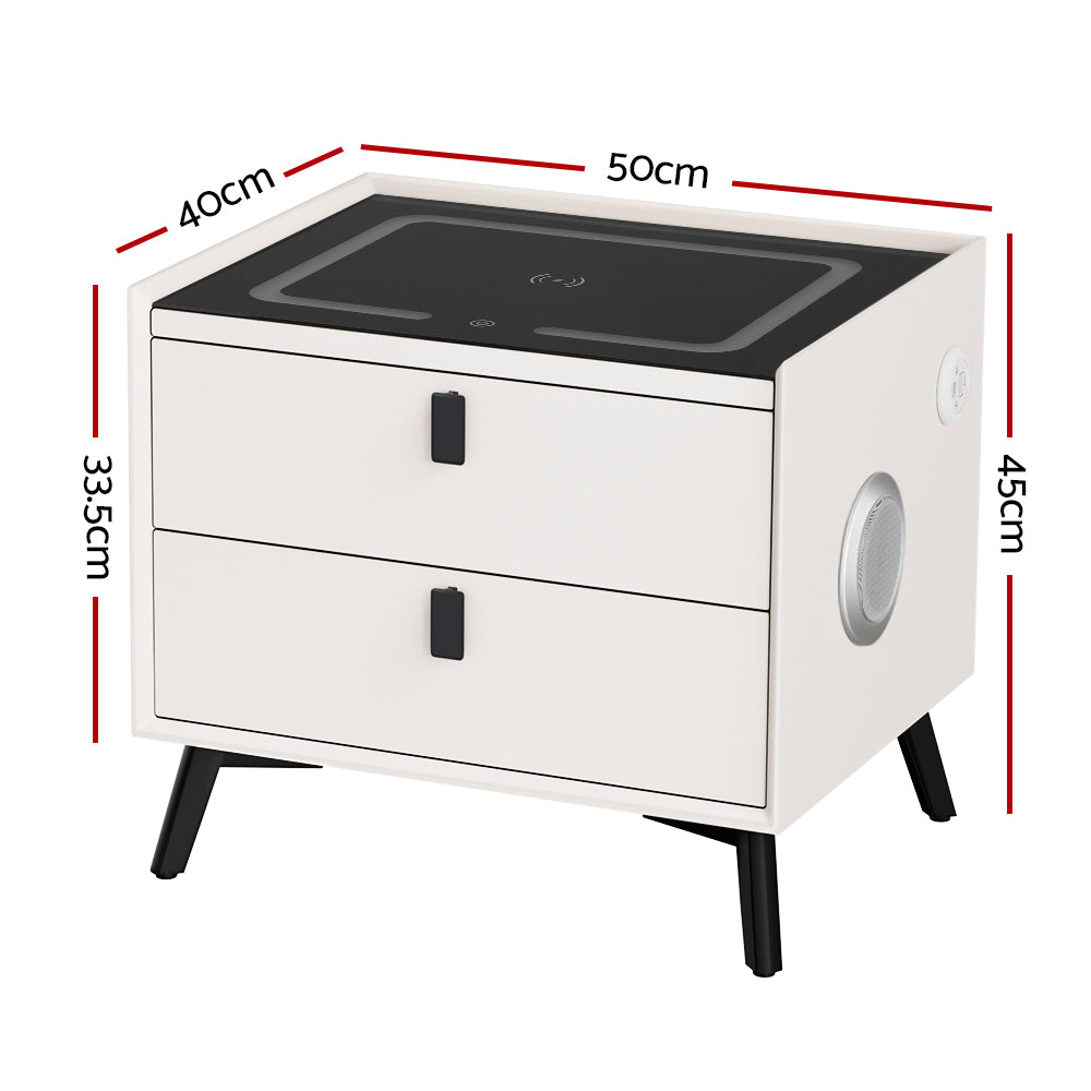 Bedside Tables: Artiss Smart Bedside Table 2 Drawers with Wireless Charging Ports LED White AIKA