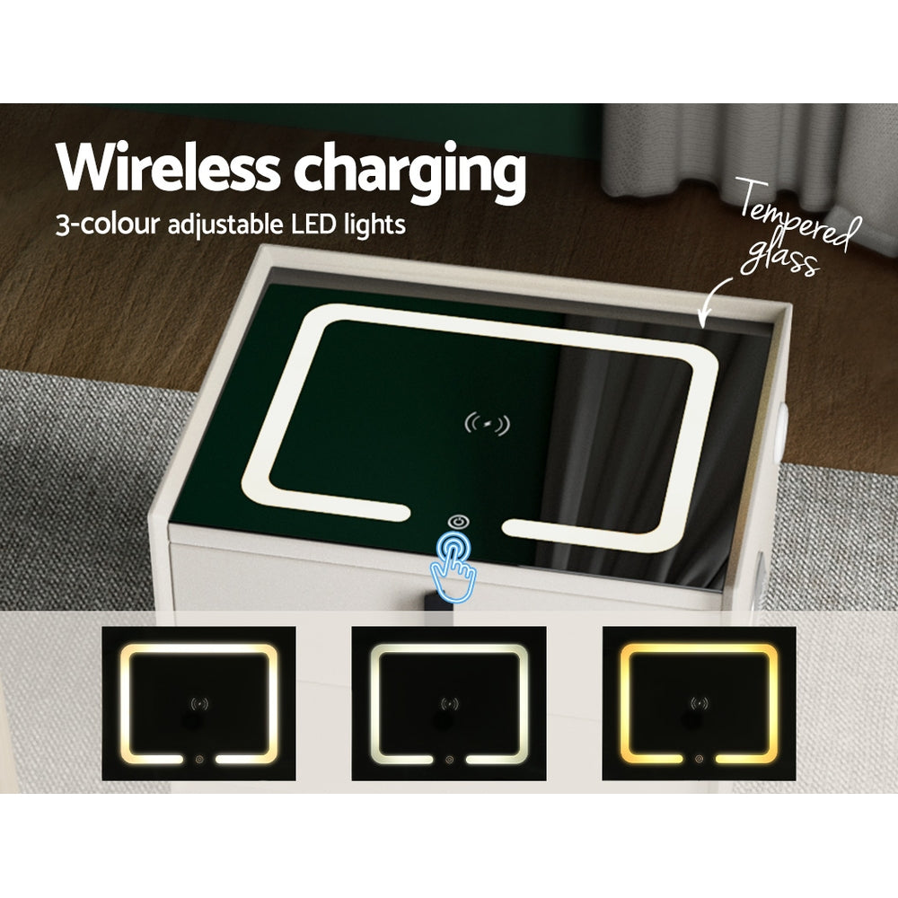 Bedside Tables: Artiss Smart Bedside Table 2 Drawers with Wireless Charging Ports LED White AIKA