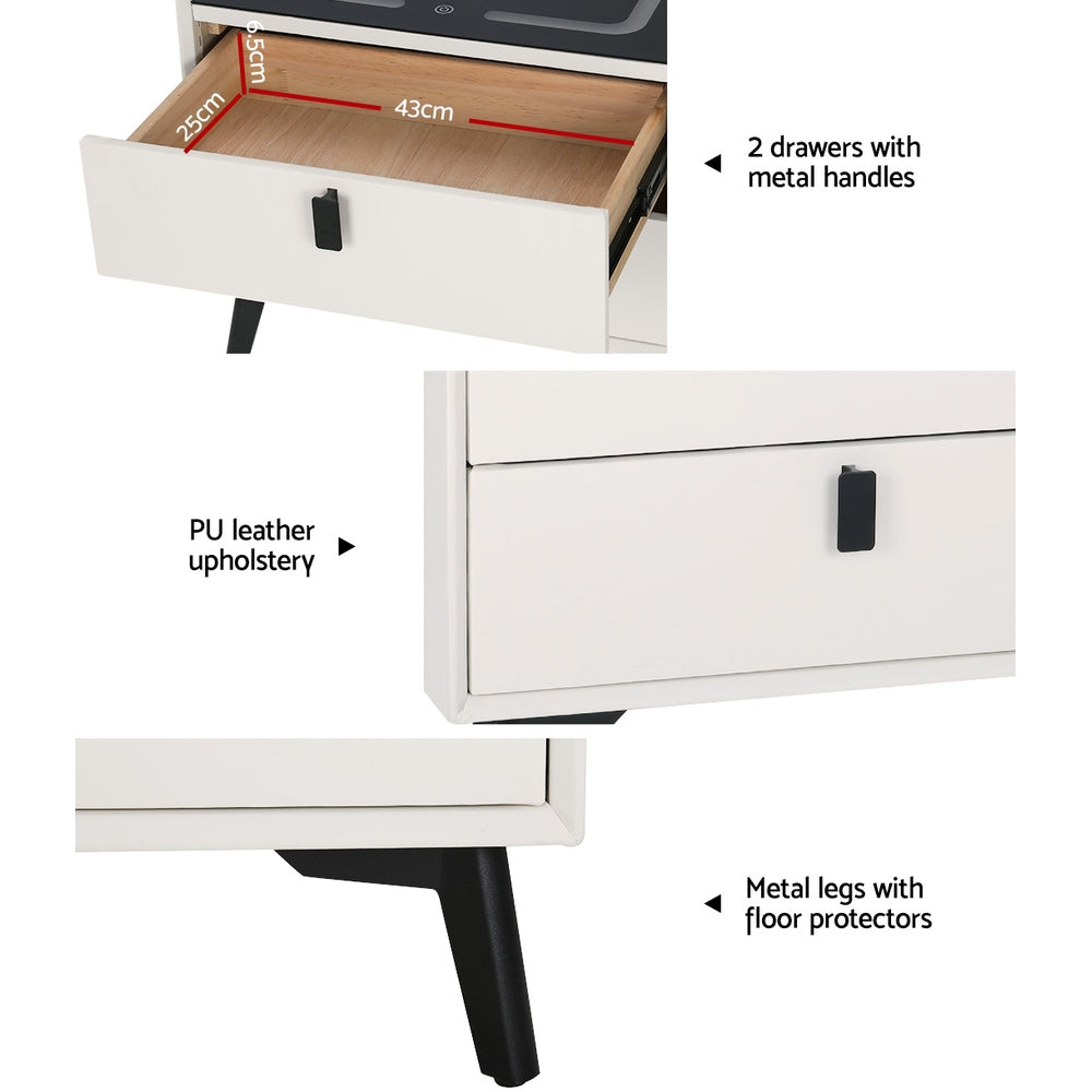 Bedside Tables: Artiss Smart Bedside Table 2 Drawers with Wireless Charging Ports LED White AIKA