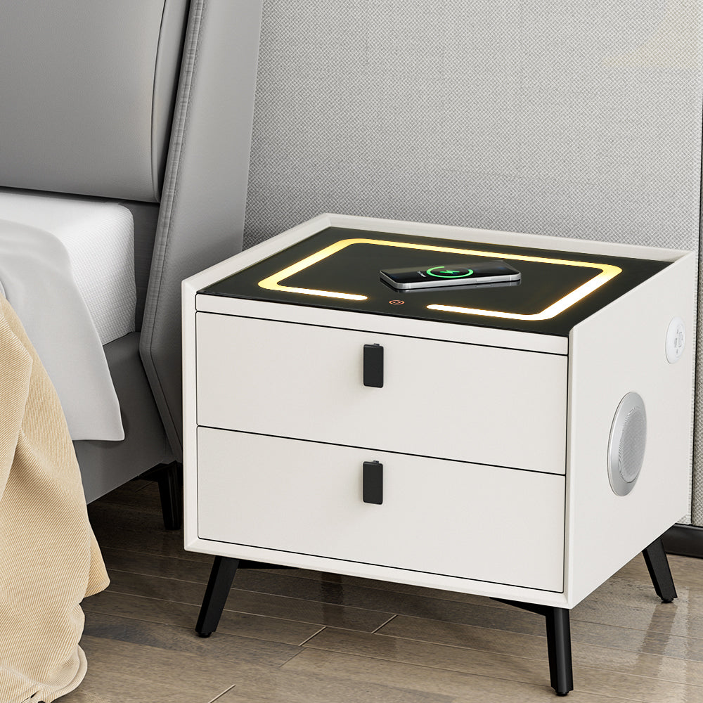 Bedside Tables: Artiss Smart Bedside Table 2 Drawers with Wireless Charging Ports LED White AIKA