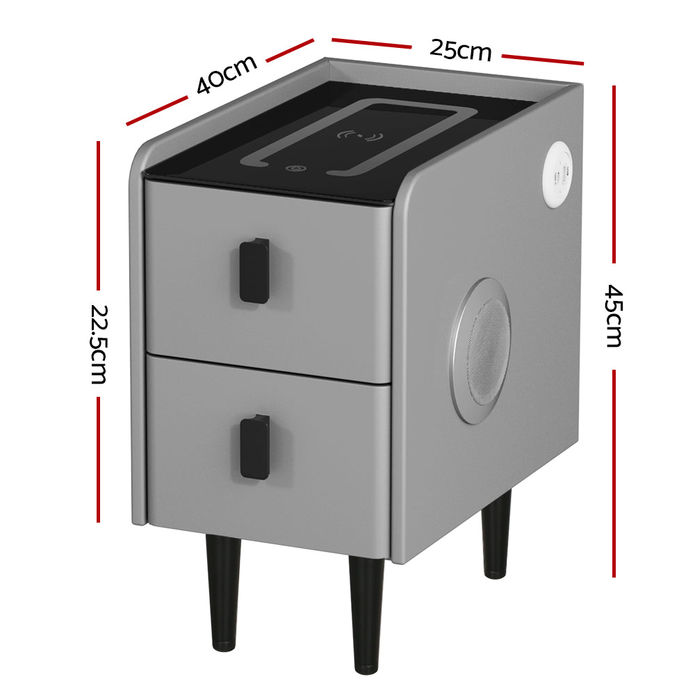 Bedside Tables: Artiss Smart Bedside Table 2 Drawers with Wireless Charging Ports LED Grey AIDA