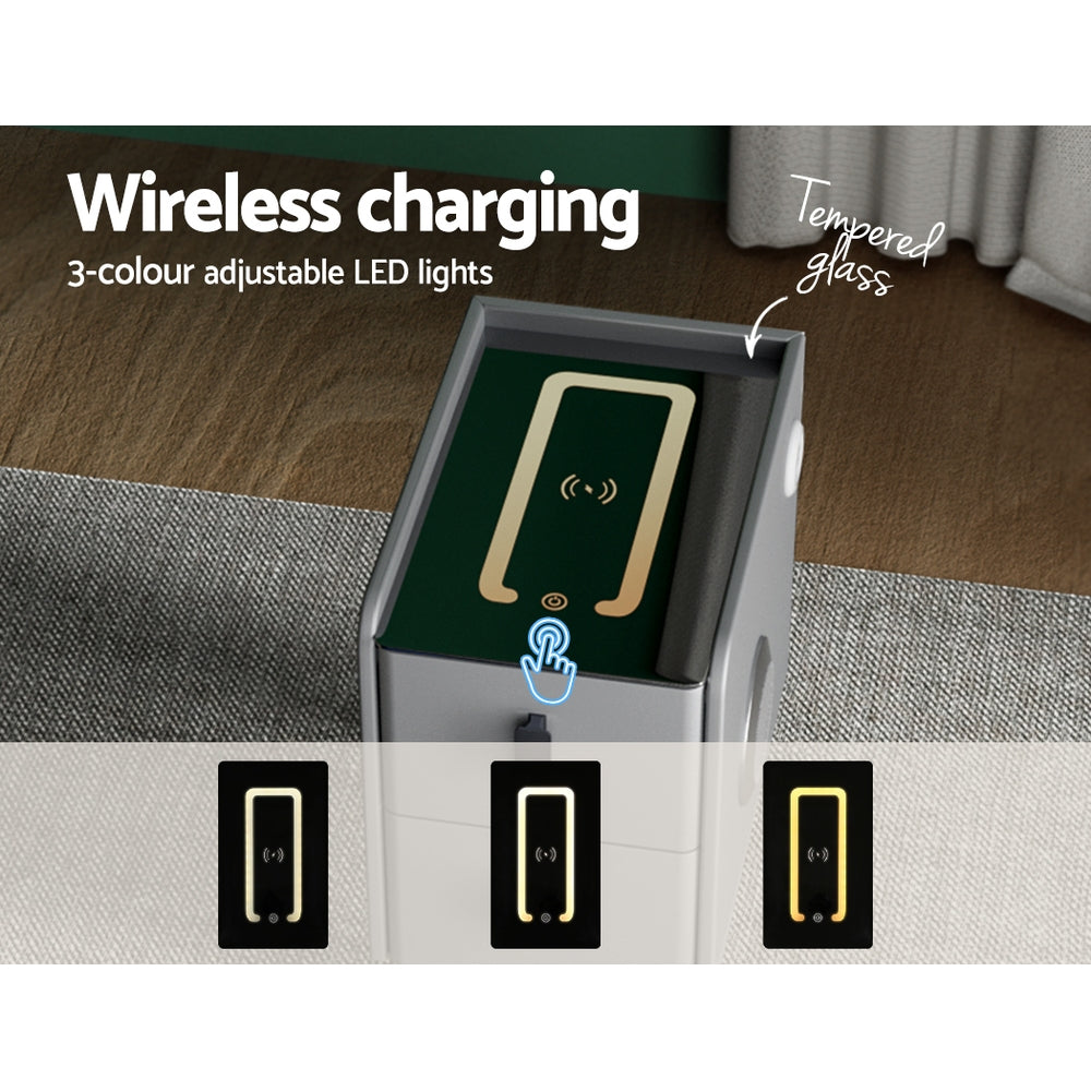 Bedside Tables: Artiss Smart Bedside Table 2 Drawers with Wireless Charging Ports LED Grey AIDA