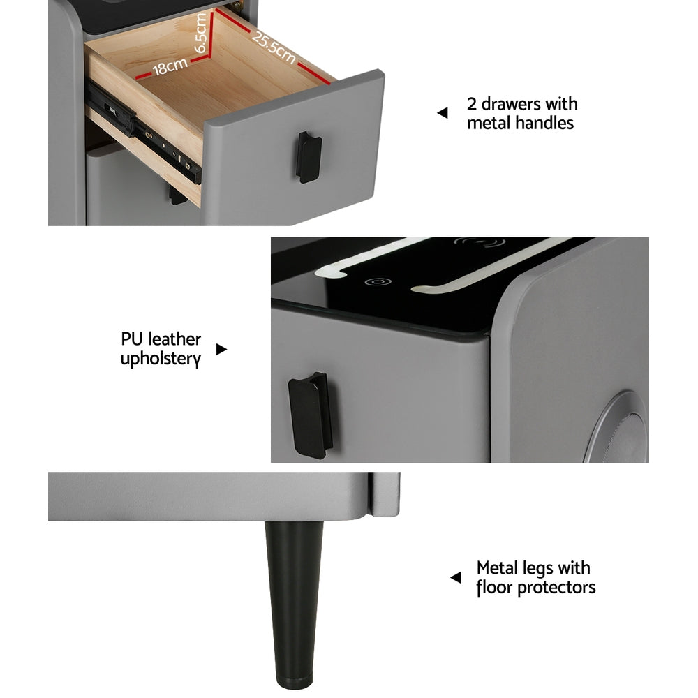 Bedside Tables: Artiss Smart Bedside Table 2 Drawers with Wireless Charging Ports LED Grey AIDA