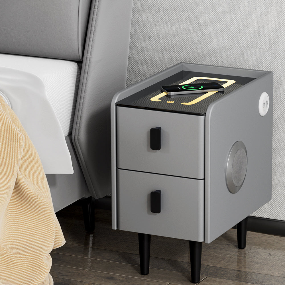 Bedside Tables: Artiss Smart Bedside Table 2 Drawers with Wireless Charging Ports LED Grey AIDA