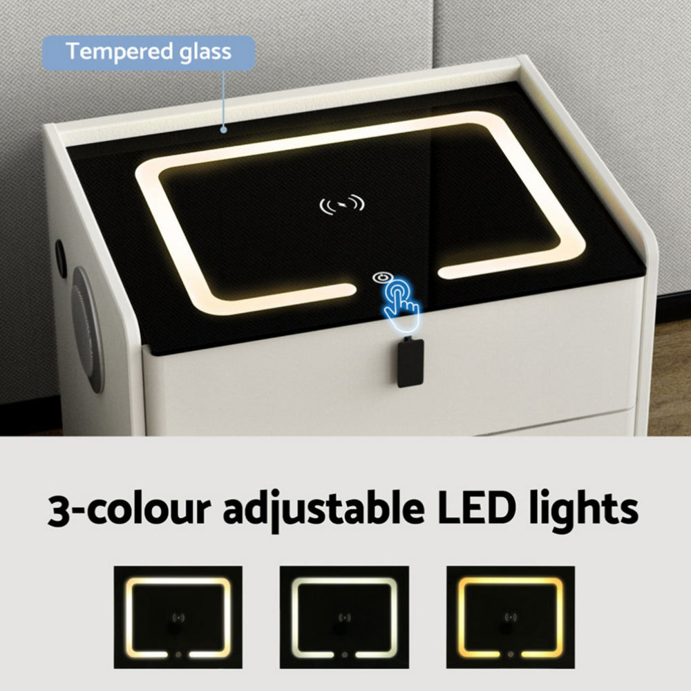 Bedside Tables: Artiss Smart Bedside Table Wireless Charging - BESS White
