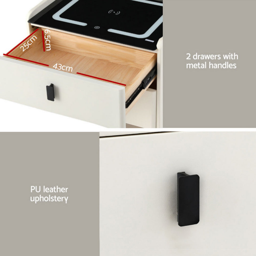 Bedside Tables: Artiss Smart Bedside Table Wireless Charging - BESS White