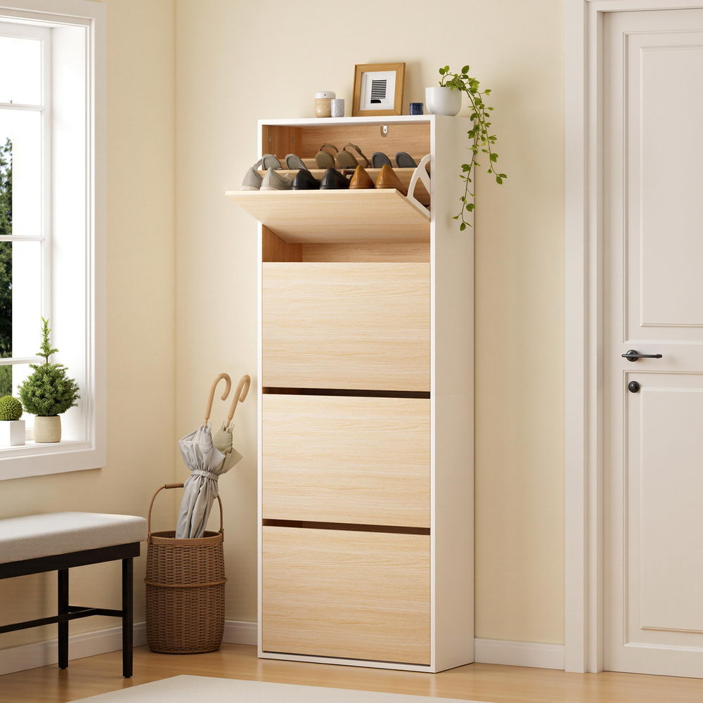 Shoe Storage: Artiss Shoe Rack Cabinet 24 Pairs Adjustable Shelf Pine