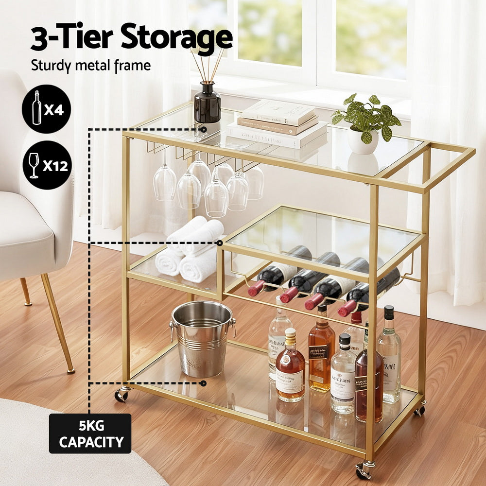 Kitchen & Dining Trolleys: Artiss Bar Cart Drink Trolley Serving Cocktail Wine Rack Glass Holder 102cm Gold