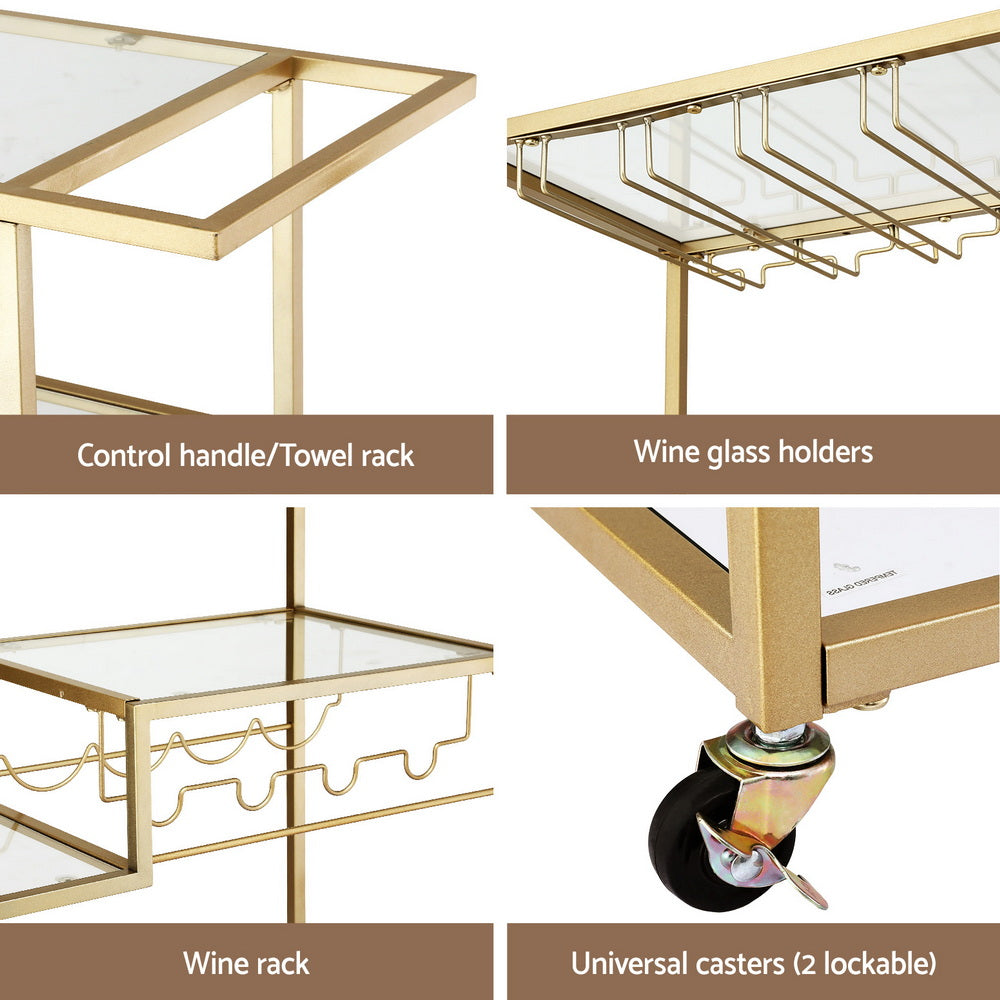 Kitchen & Dining Trolleys: Artiss Bar Cart Drink Trolley Serving Cocktail Wine Rack Glass Holder 102cm Gold