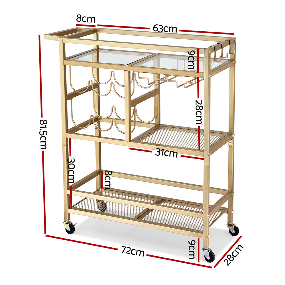 Kitchen & Dining Trolleys: Artiss Bar Cart Drinks Trolley Serving Wine Rack Glass Holder 3 Hooks 72cm Gold