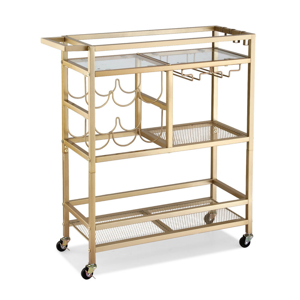 Kitchen & Dining Trolleys: Artiss Bar Cart Drinks Trolley Serving Wine Rack Glass Holder 3 Hooks 72cm Gold