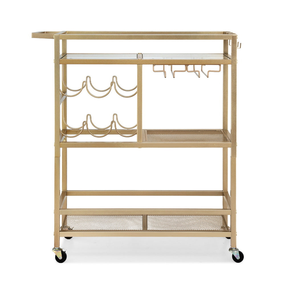 Kitchen & Dining Trolleys: Artiss Bar Cart Drinks Trolley Serving Wine Rack Glass Holder 3 Hooks 72cm Gold