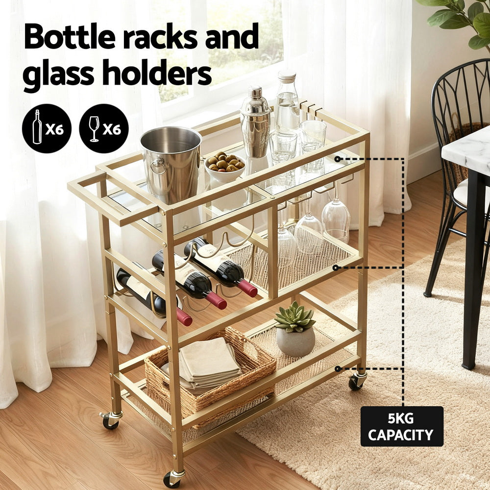 Kitchen & Dining Trolleys: Artiss Bar Cart Drinks Trolley Serving Wine Rack Glass Holder 3 Hooks 72cm Gold