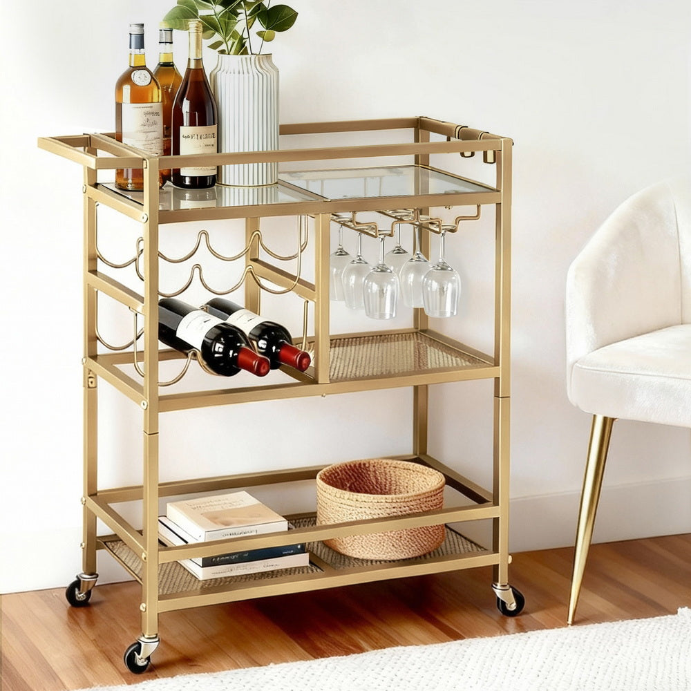 Kitchen & Dining Trolleys: Artiss Bar Cart Drinks Trolley Serving Wine Rack Glass Holder 3 Hooks 72cm Gold