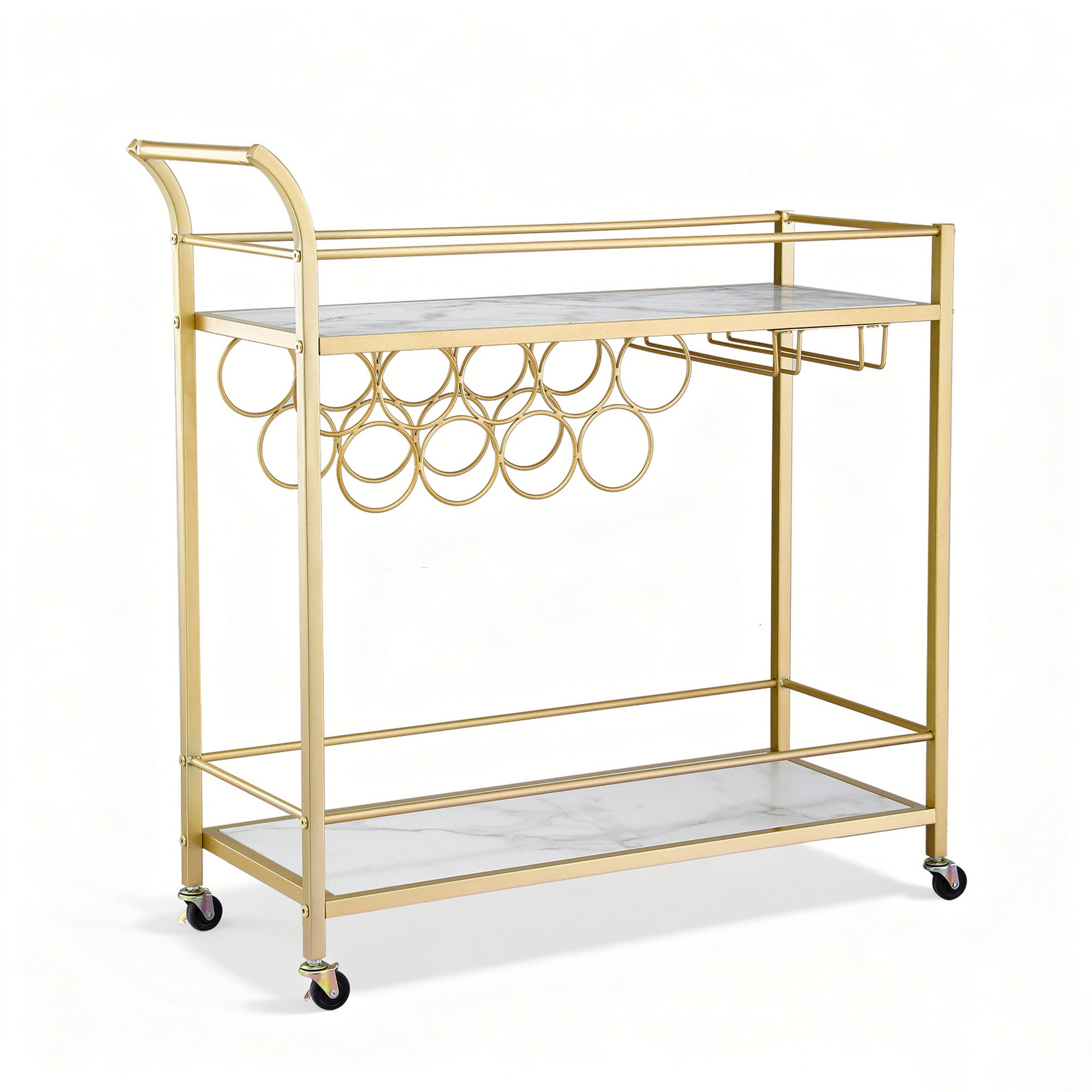 Kitchen & Dining Trolleys: Artiss Bar Cart Drinks Trolley Serving Wine Rack Glass Holder Marble 85cm Gold